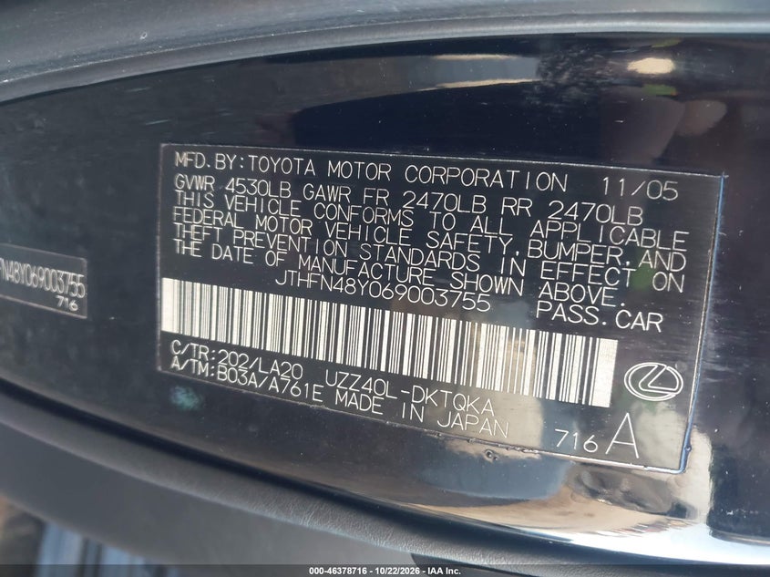 2006 Lexus Sc 430 VIN: JTHFN48Y069003755 Lot: 46378716