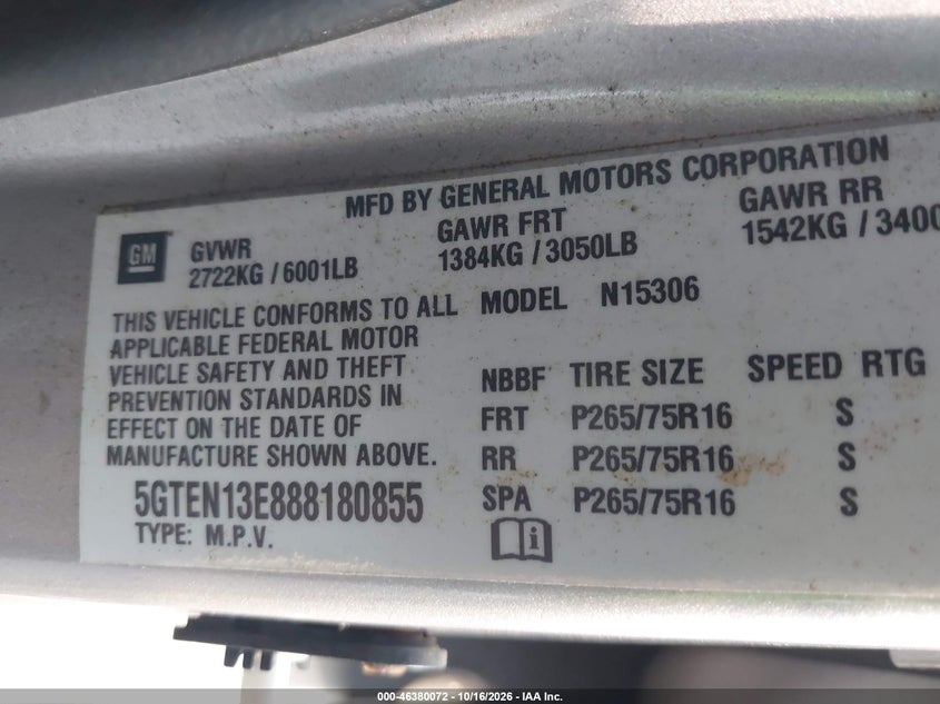 HUMMER H3 SUV 2008 VIN 5GTEN13E888180855