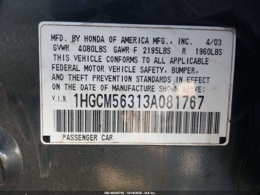 HONDA ACCORD 2003 VIN 1HGCM56313A081767