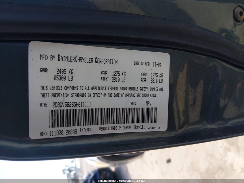 DODGE MAGNUM 2005 VIN 2D8GV58265H611111