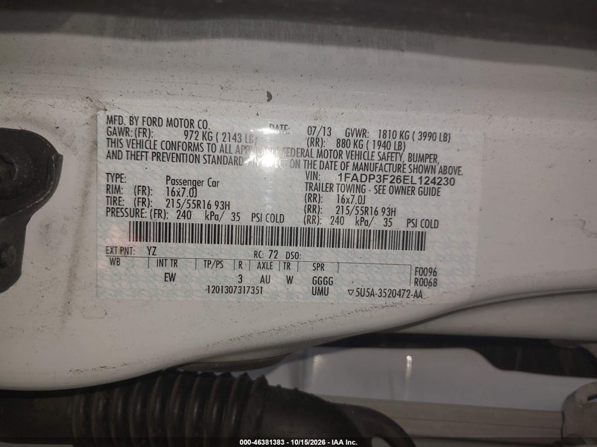 FORD FOCUS 2014 VIN 1FADP3F26EL124230