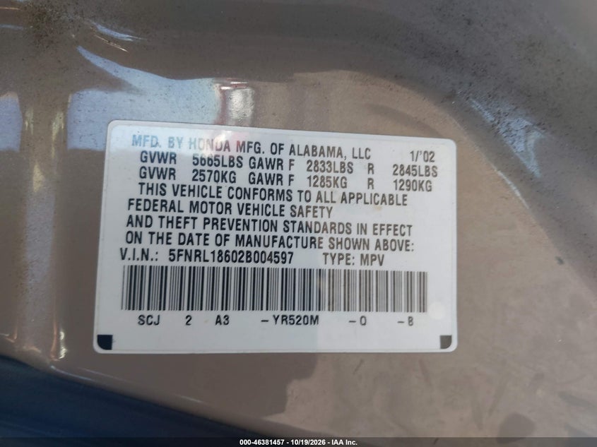 HONDA ODYSSEY 2002 VIN 5FNRL18602B004597