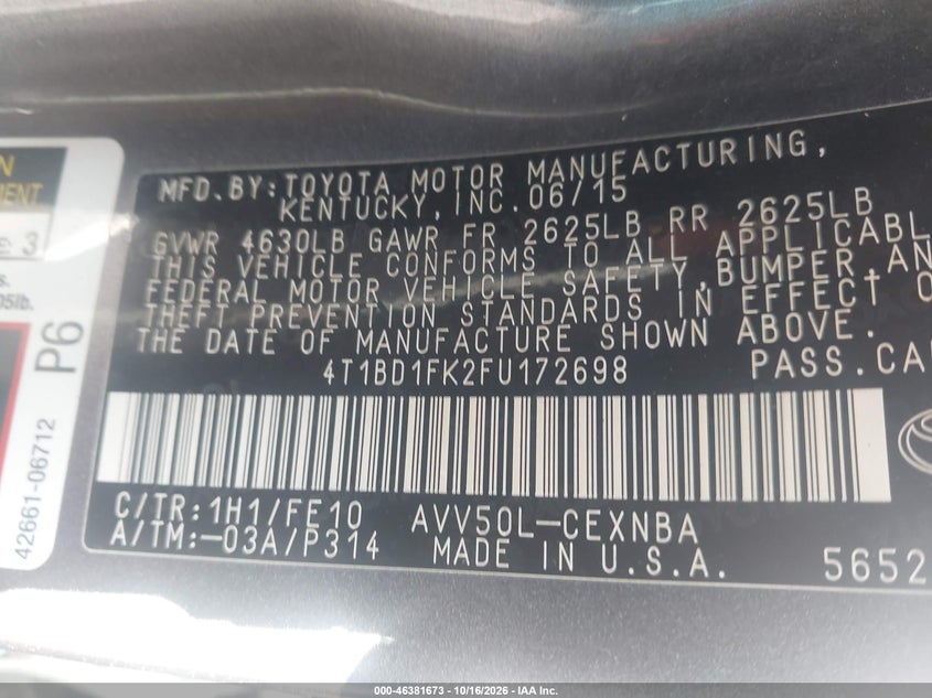 TOYOTA CAMRY HYBRID 2015 VIN 4T1BD1FK2FU172698