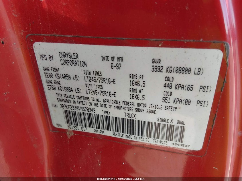 DODGE RAM 2500 1997 VIN 3B7KF23Z0VM578343