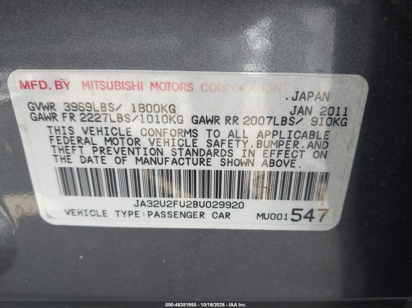 MITSUBISHI LANCER 2011 VIN JA32U2FU2BU029920