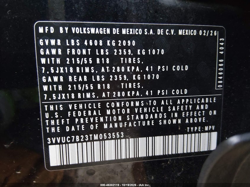 VOLKSWAGEN TAOS 2026 VIN 3VVUC7B23TM053553