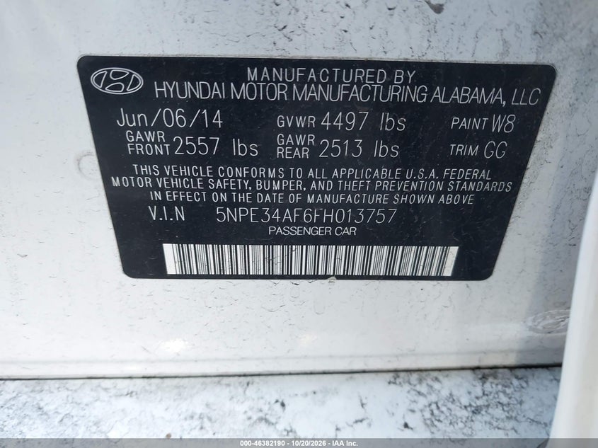 HYUNDAI SONATA 2015 VIN 5NPE34AF6FH013757