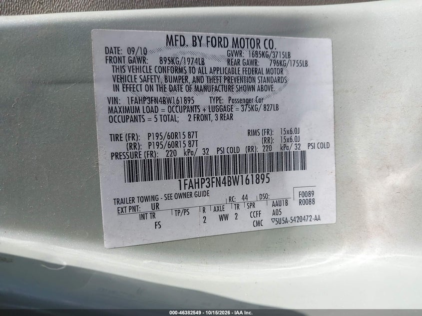 FORD FOCUS 2011 VIN 1FAHP3FN4BW161895