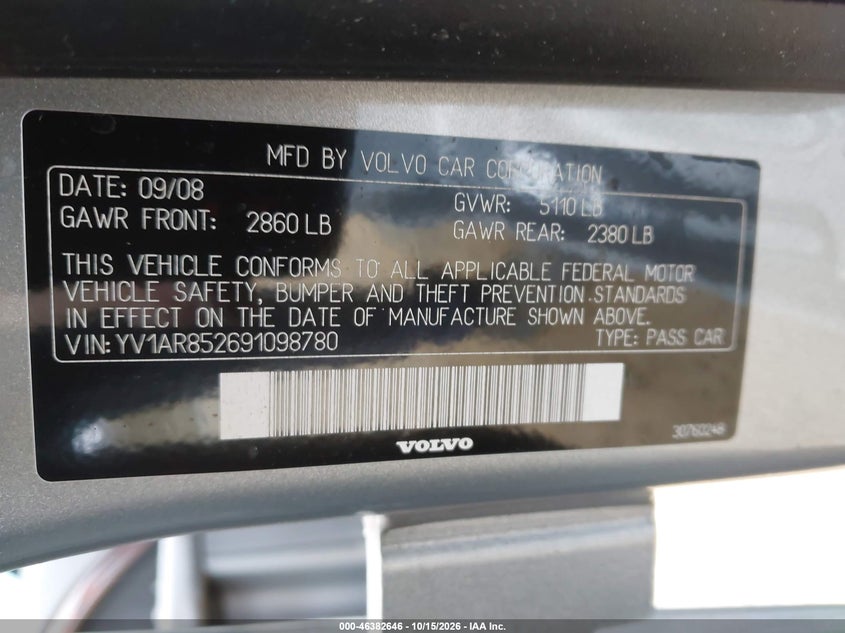 VOLVO S80 2009 VIN YV1AR852691098780