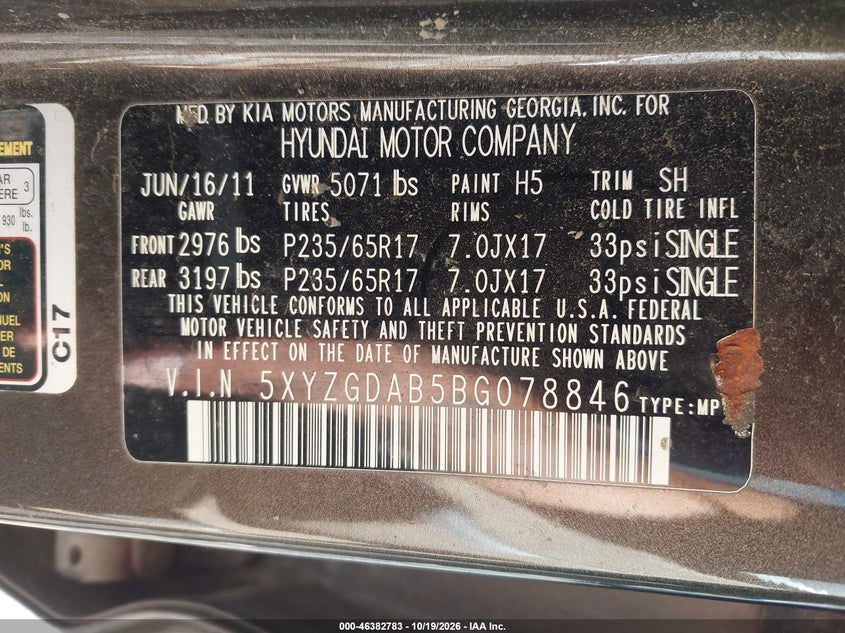 HYUNDAI SANTA FE 2011 VIN 5XYZGDAB5BG078846