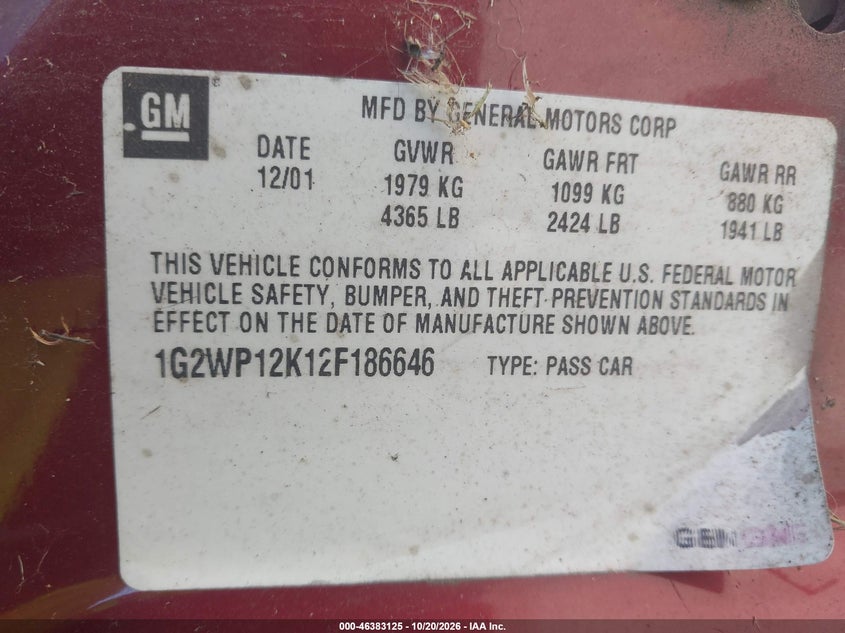 PONTIAC GRAND PRIX 2002 VIN 1G2WP12K12F186646