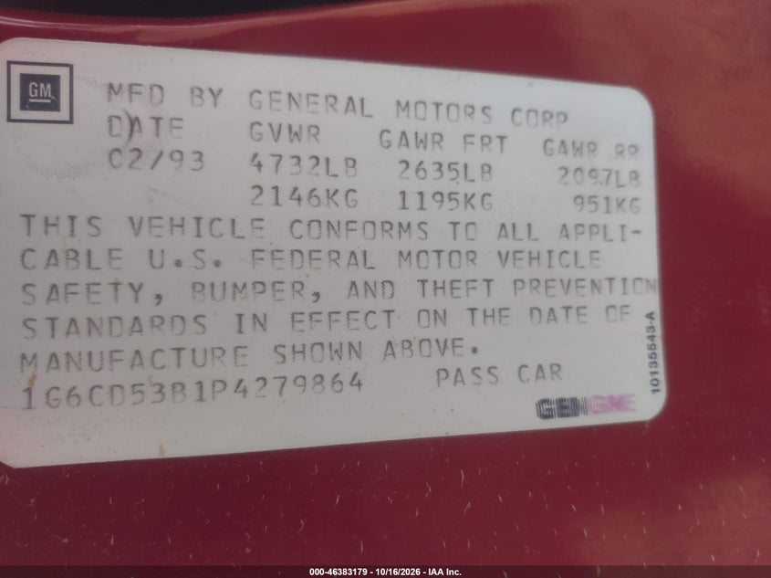 CADILLAC DEVILLE 1993 VIN 1G6CD53B1P4279864