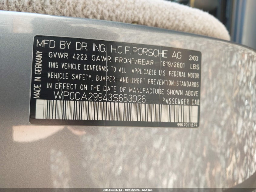 PORSCHE 911 2003 VIN WP0CA29943S653026