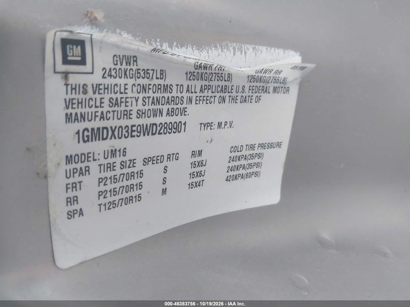 PONTIAC TRANS SPORT 1998 VIN 1GMDX03E9WD289901