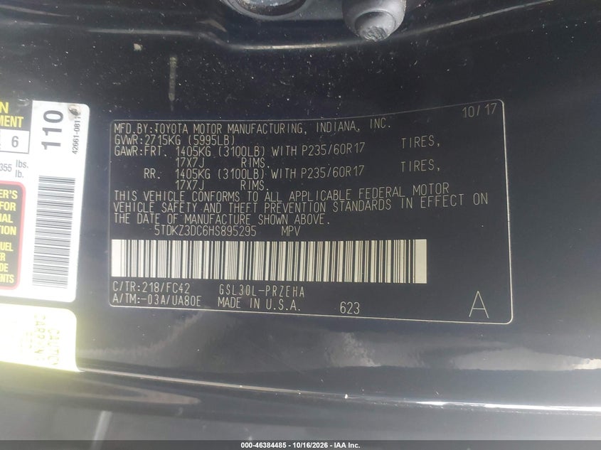 TOYOTA SIENNA 2017 VIN 5TDKZ3DC6HS895295