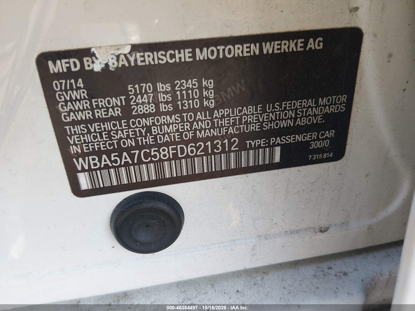 BMW 528I 2015 VIN WBA5A7C58FD621312