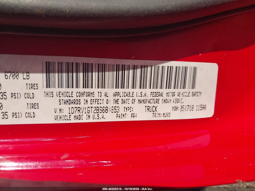 RAM RAM 1500 2011 VIN 1D7RV1GT2BS684853
