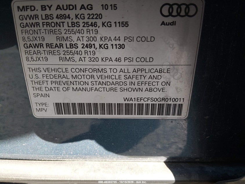 AUDI Q3 2016 VIN WA1EFCFS0GR010011
