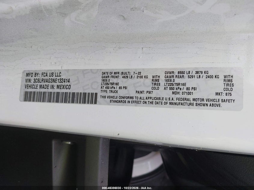 Vin: 3c6lrvag3ne132414, lot: 46886376, ram promaster 1500 low roof 136 wb 20224
