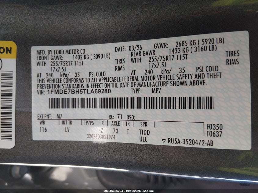 FORD BRONCO 2026 VIN 1FMDE7BH5TLA69280