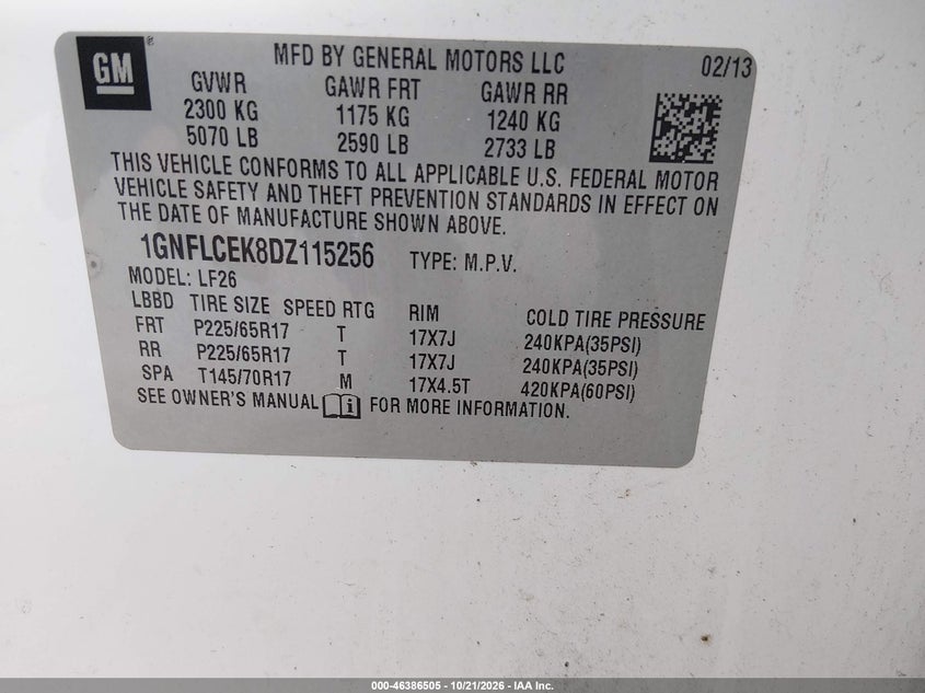 CHEVROLET EQUINOX 2013 VIN 1GNFLCEK8DZ115256