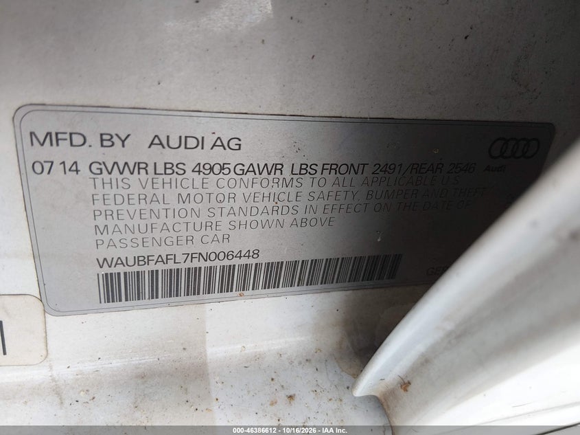 AUDI A4 2015 VIN WAUBFAFL7FN006448