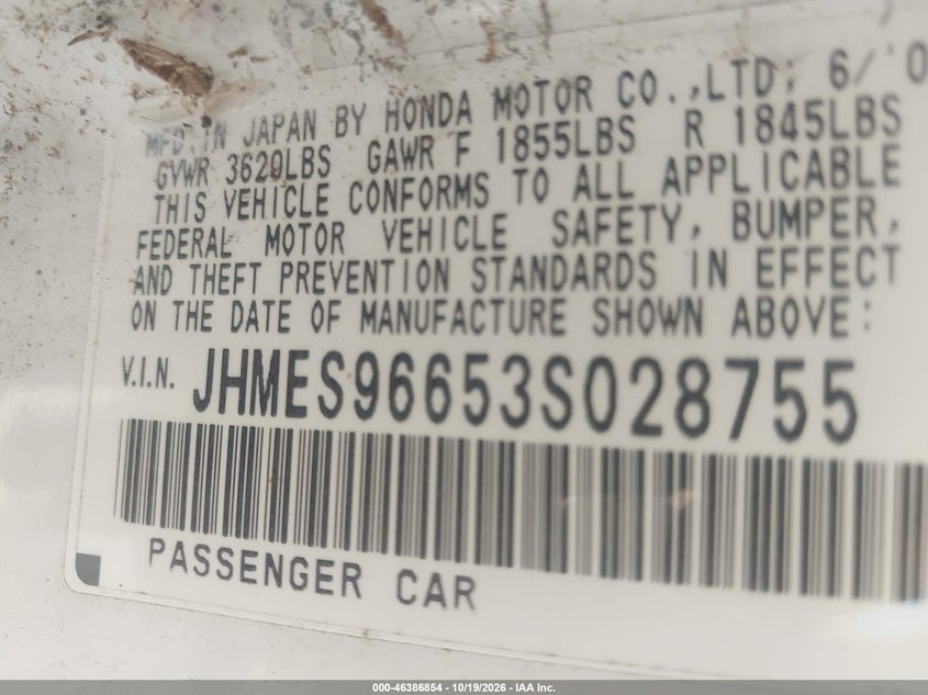HONDA CIVIC 2003 VIN JHMES96653S028755