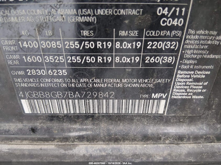 MERCEDES-BENZ ML 350 2011 VIN 4JGBB8GB7BA729842