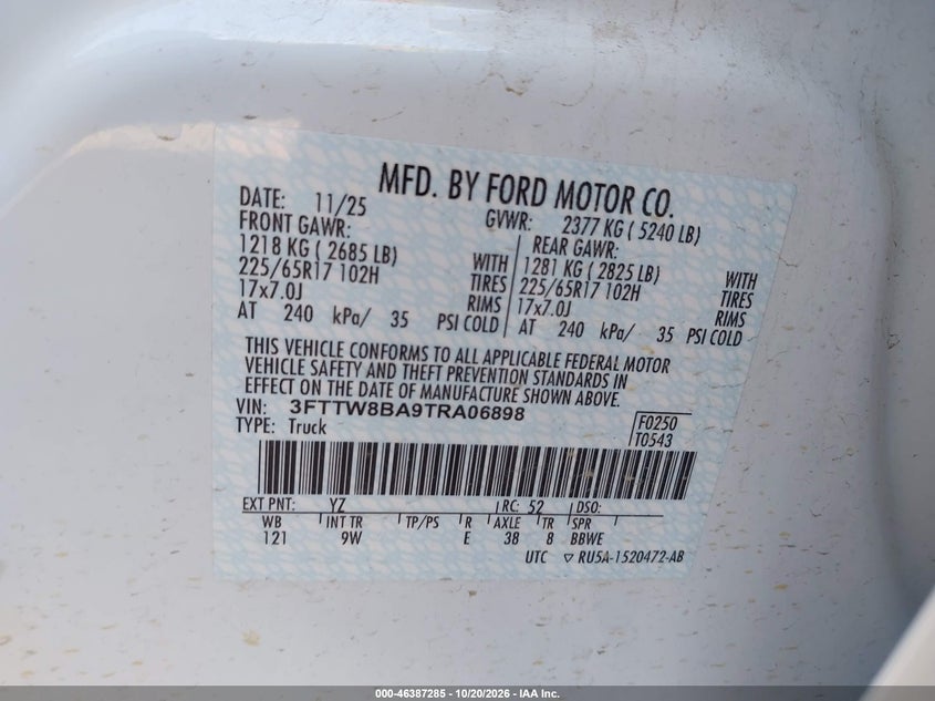 FORD MAVERICK 2026 VIN 3FTTW8BA9TRA06898