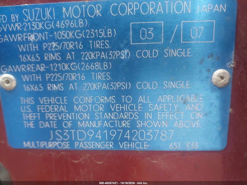 SUZUKI GRAND VITARA 2007 VIN JS3TD941974203787