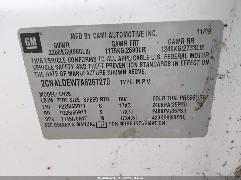 CHEVROLET EQUINOX 2010 VIN 2CNALDEW7A6267270
