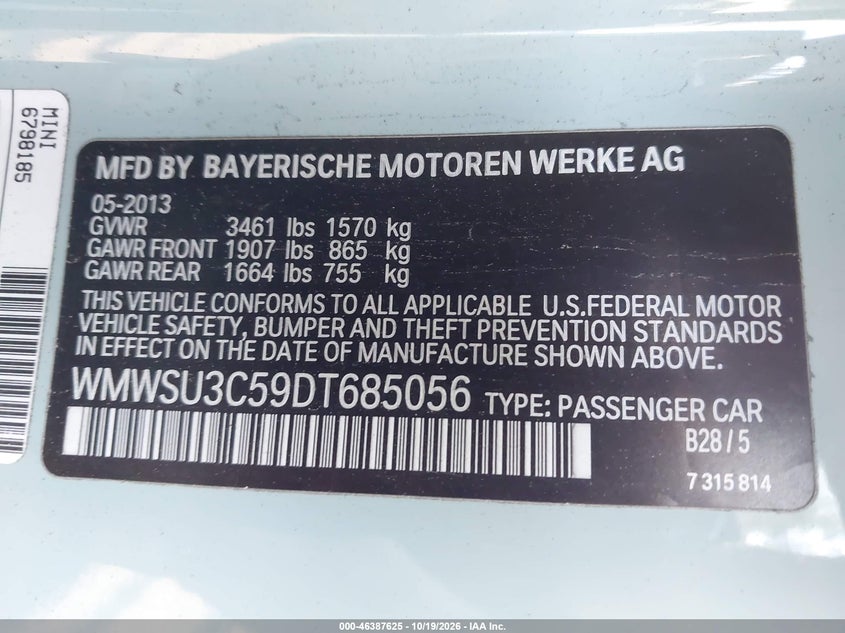 MINI HARDTOP 2013 VIN WMWSU3C59DT685056