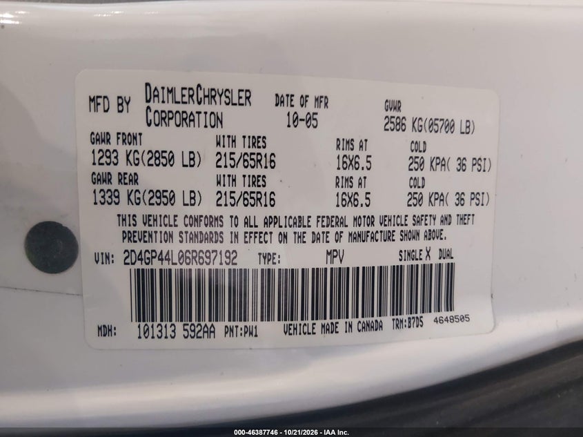 DODGE GRAND CARAVAN 2006 VIN 2D4GP44L06R697192