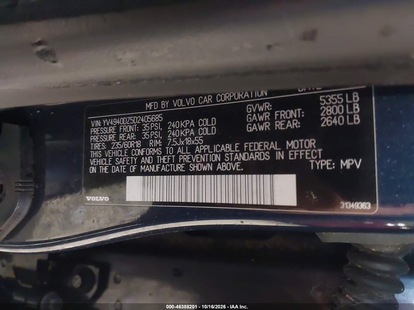 VOLVO XC60 2013 VIN YV4940DZ5D2405685