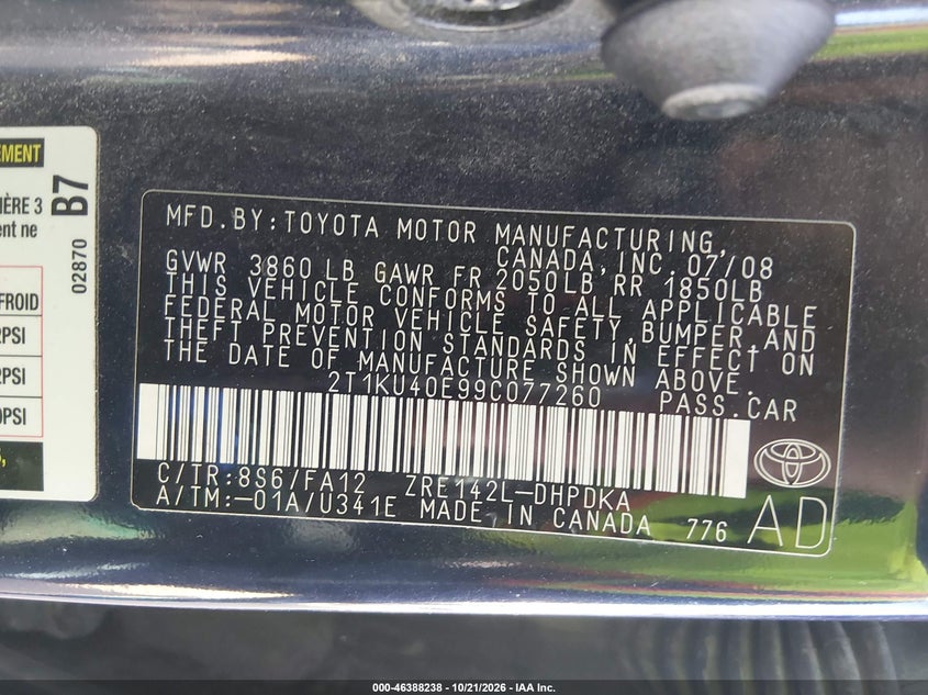 TOYOTA MATRIX 2009 VIN 2T1KU40E99C077260