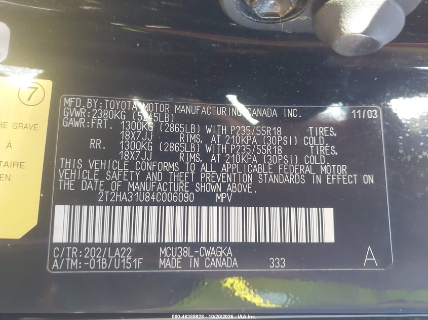 LEXUS RX 330 2004 VIN 2T2HA31U84C006090