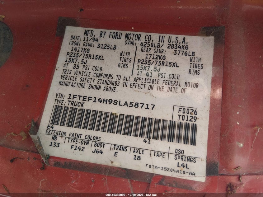 FORD F150 1995 VIN 1FTEF14H9SLA58717