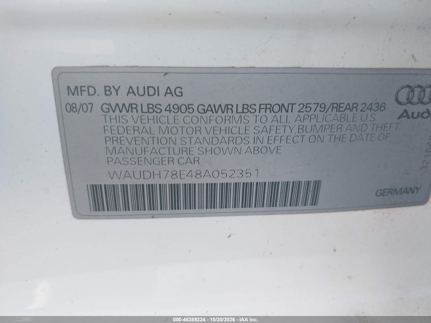 AUDI A4 2008 VIN WAUDH78E48A052351