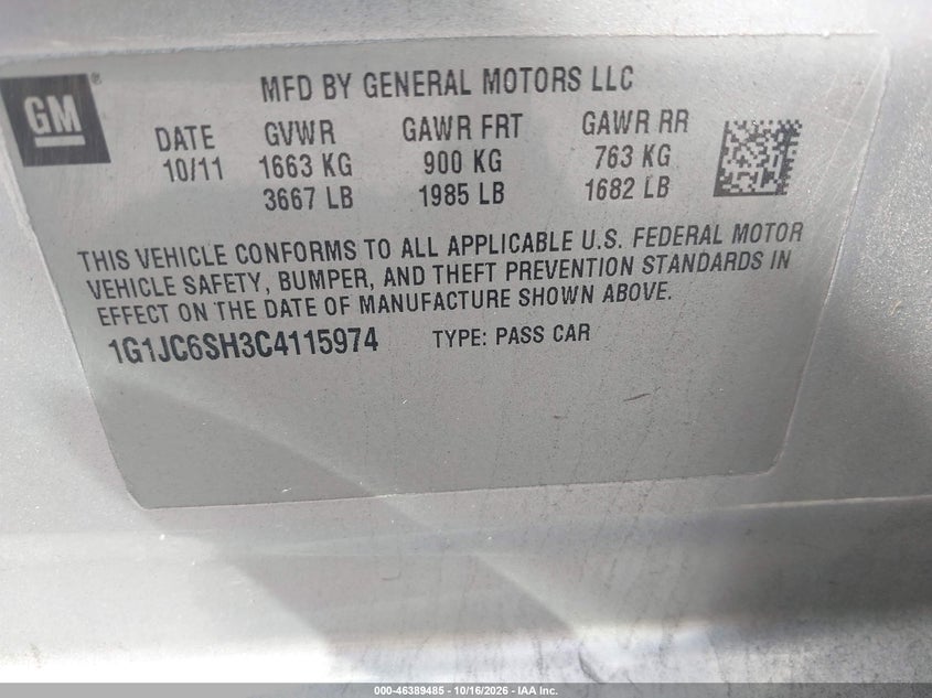 CHEVROLET SONIC 2012 VIN 1G1JC6SH3C4115974