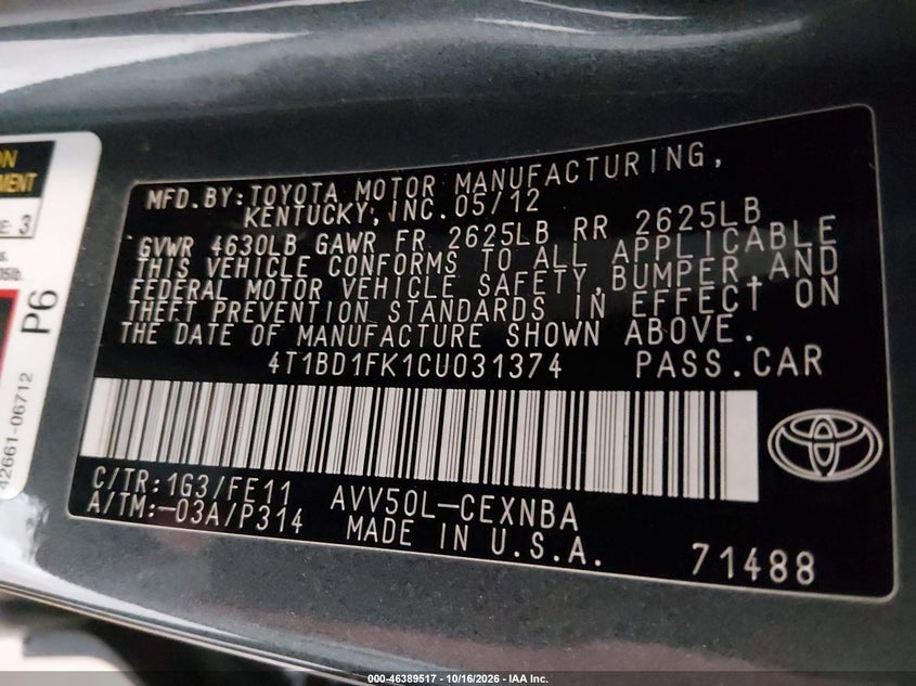 TOYOTA CAMRY HYBRID 2012 VIN 4T1BD1FK1CU031374
