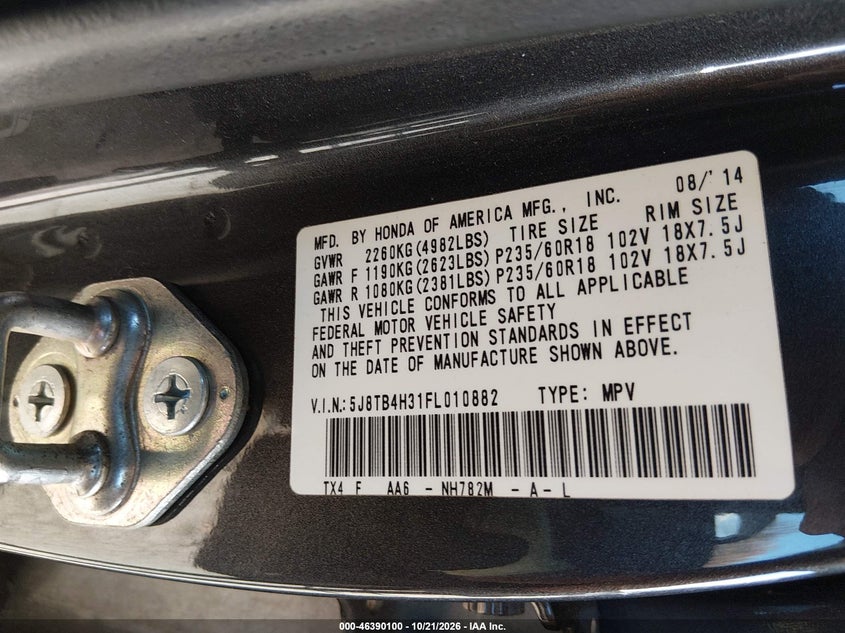 ACURA RDX 2015 VIN 5J8TB4H31FL010882