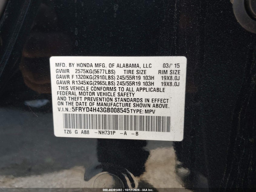 ACURA MDX 2016 VIN 5FRYD4H43GB008545