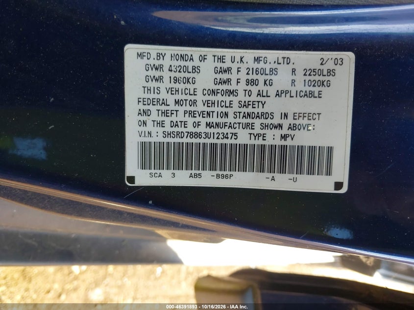 HONDA CR-V 2003 VIN SHSRD78863U123475