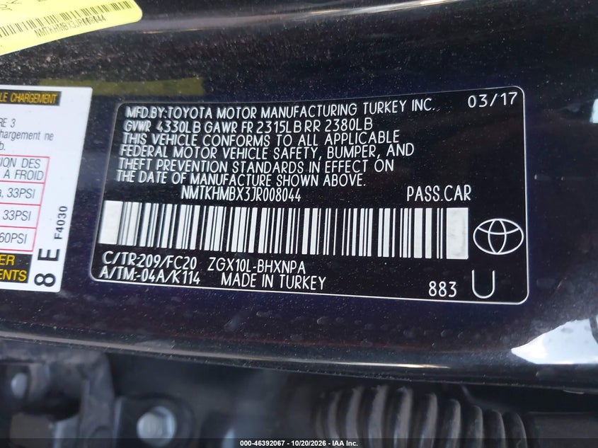 Vin: nmtkhmbx3jr008044, lot: 46892425, toyota c-hr xle 20184