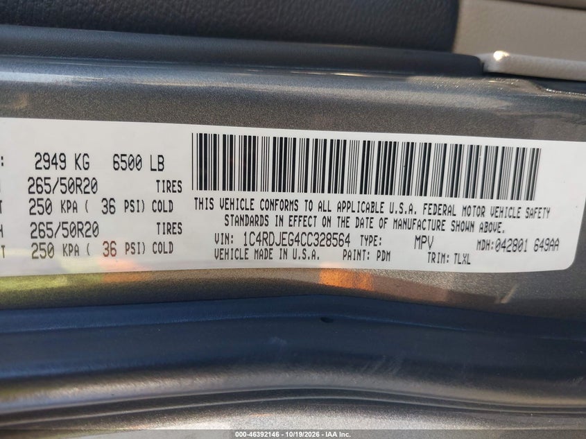 DODGE DURANGO 2012 VIN 1C4RDJEG4CC328564