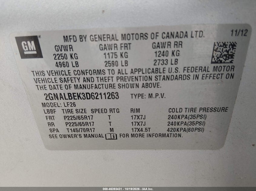 CHEVROLET EQUINOX 2013 VIN 2GNALBEK3D6211263