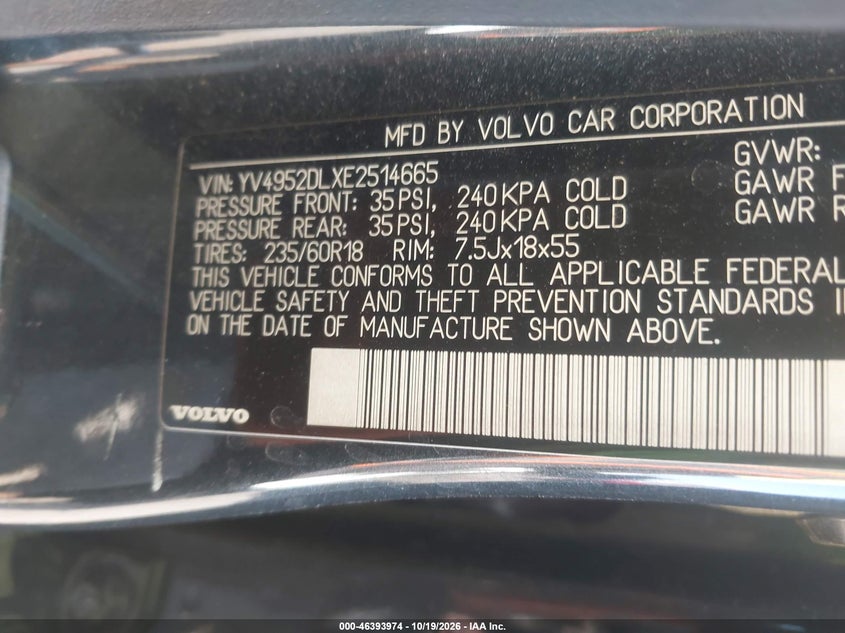 VOLVO XC60 2014 VIN YV4952DLXE2514665