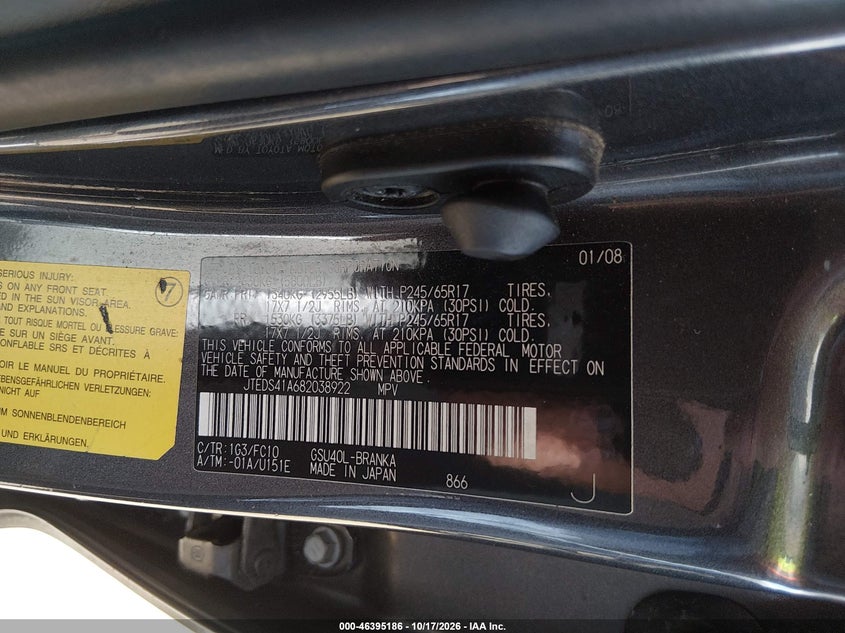 TOYOTA HIGHLANDER 2008 VIN JTEDS41A682038922