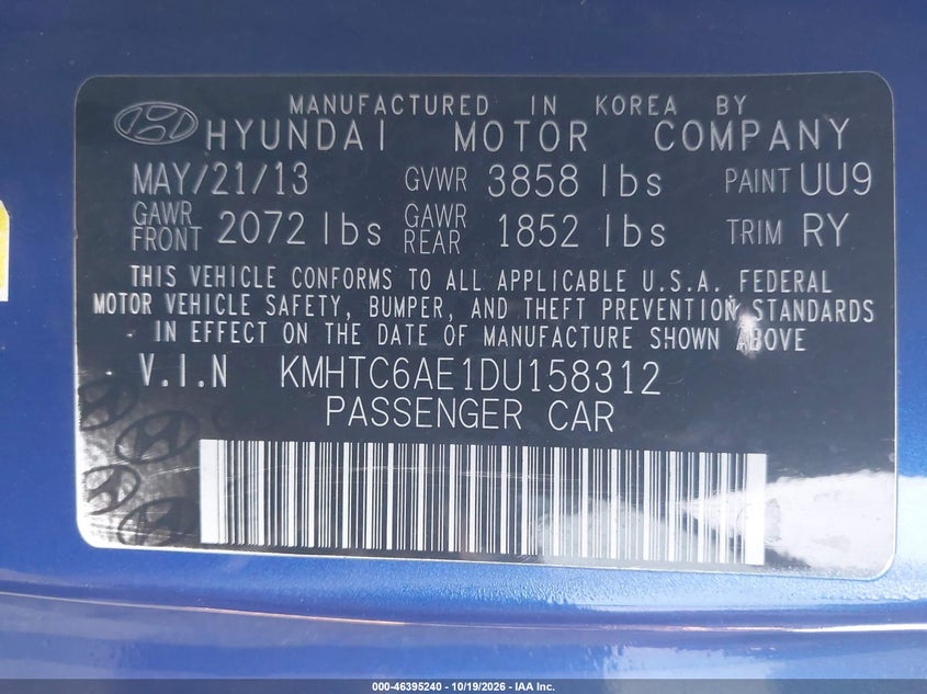 HYUNDAI VELOSTER 2013 VIN KMHTC6AE1DU158312