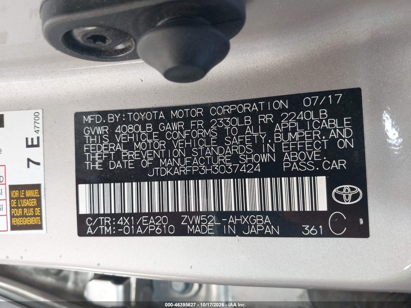 TOYOTA PRIUS PRIME 2017 VIN JTDKARFP3H3037424